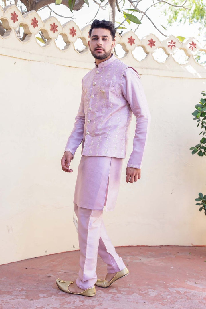 Lilac Designer Raw silk waistcoat kurta suit