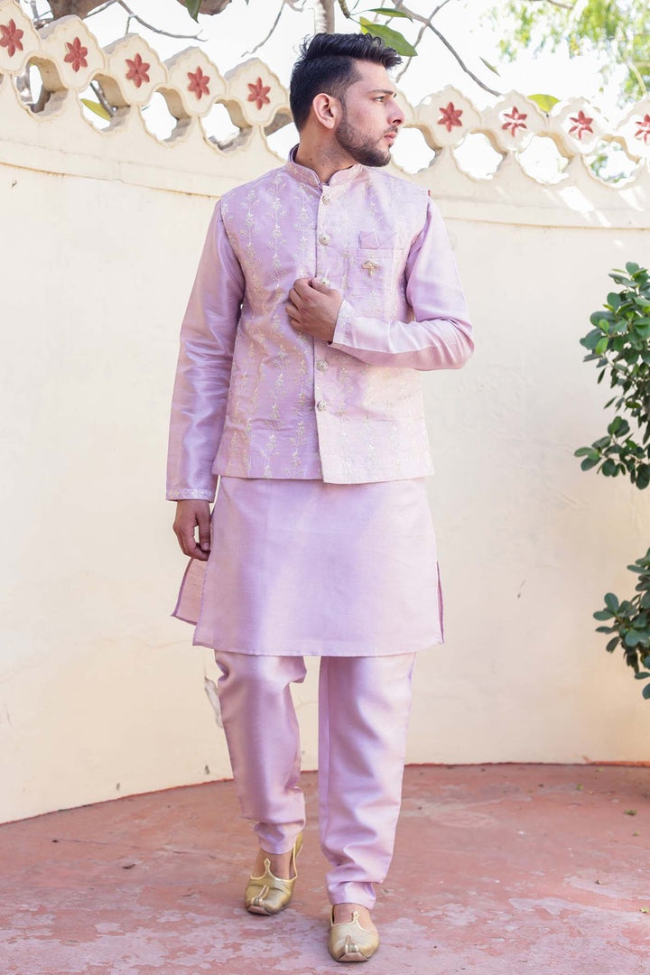 Lilac Designer Raw silk waistcoat kurta suit