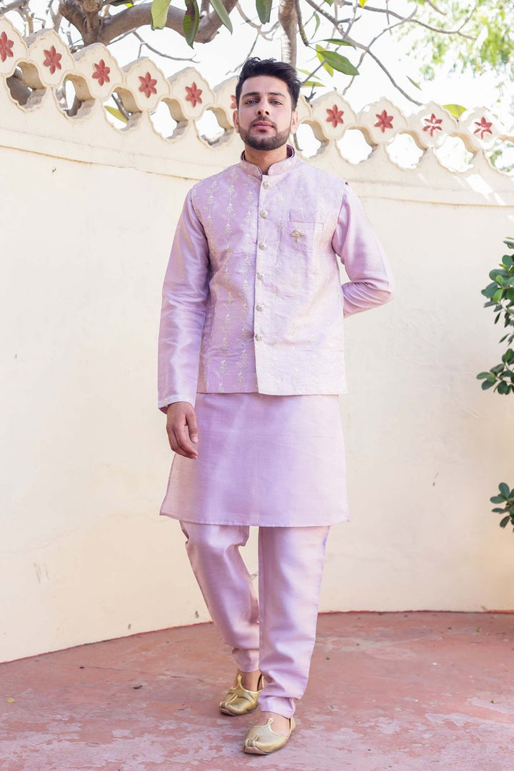 Lilac Designer Raw silk waistcoat kurta suit