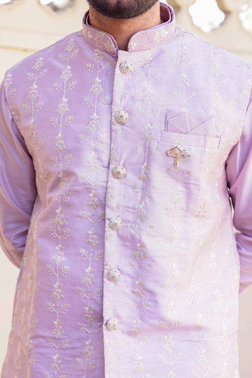 Lilac Designer Raw silk waistcoat kurta suit