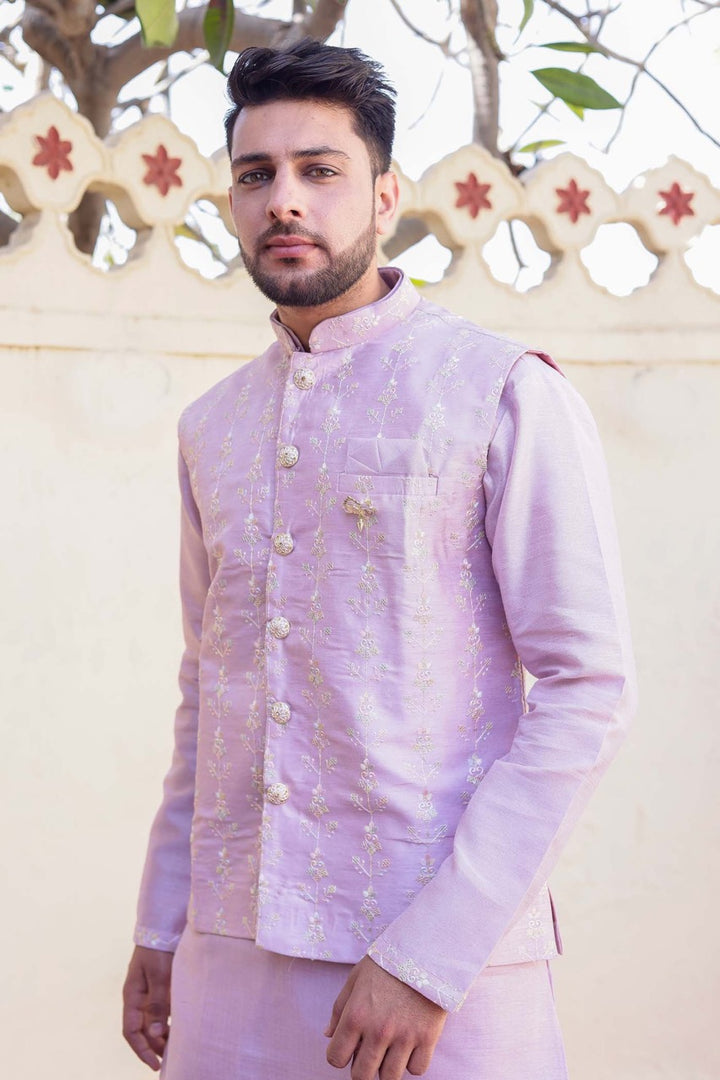 Lilac Designer Raw silk waistcoat kurta suit