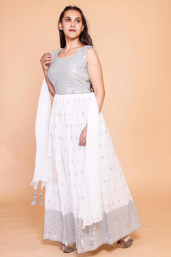 Georgette Mirror Work Anarkali - White