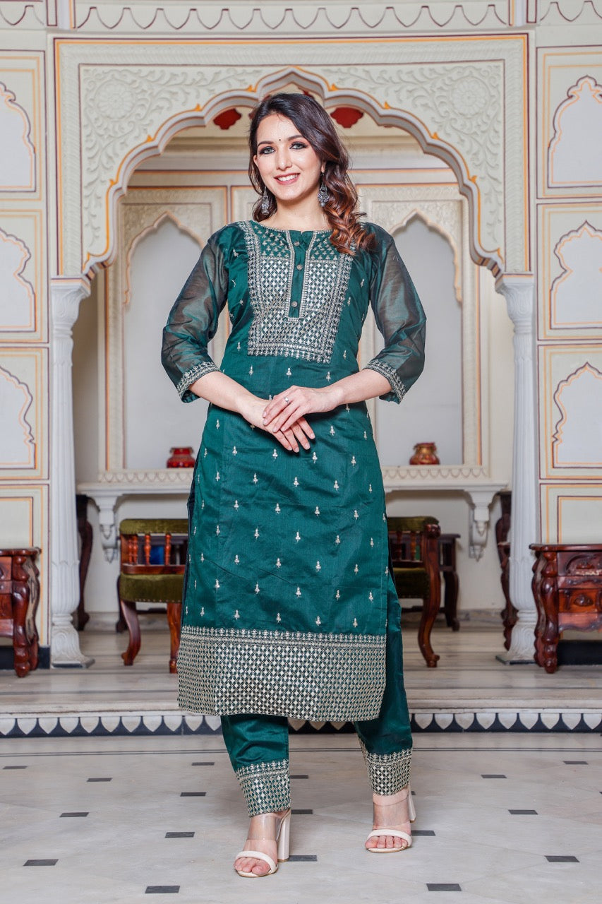 Straight Cut Bottle Green Kurta Set