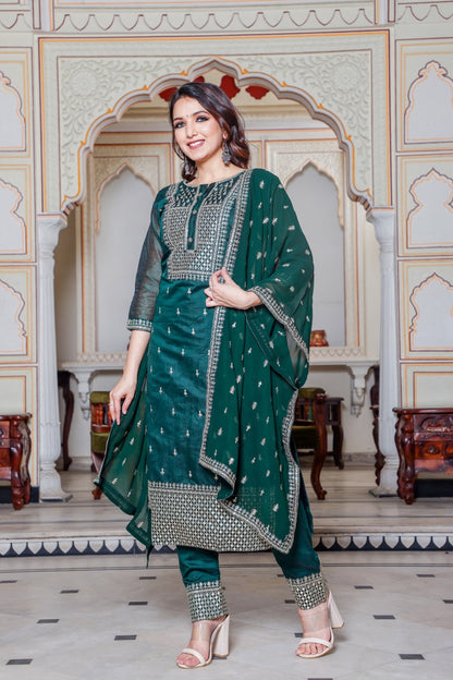 Straight Cut Bottle Green Kurta Set