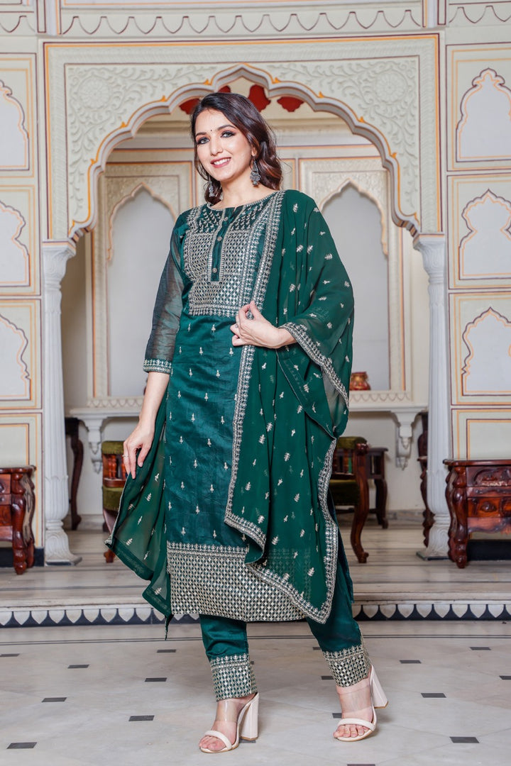 Straight Cut Bottle Green Kurta Set
