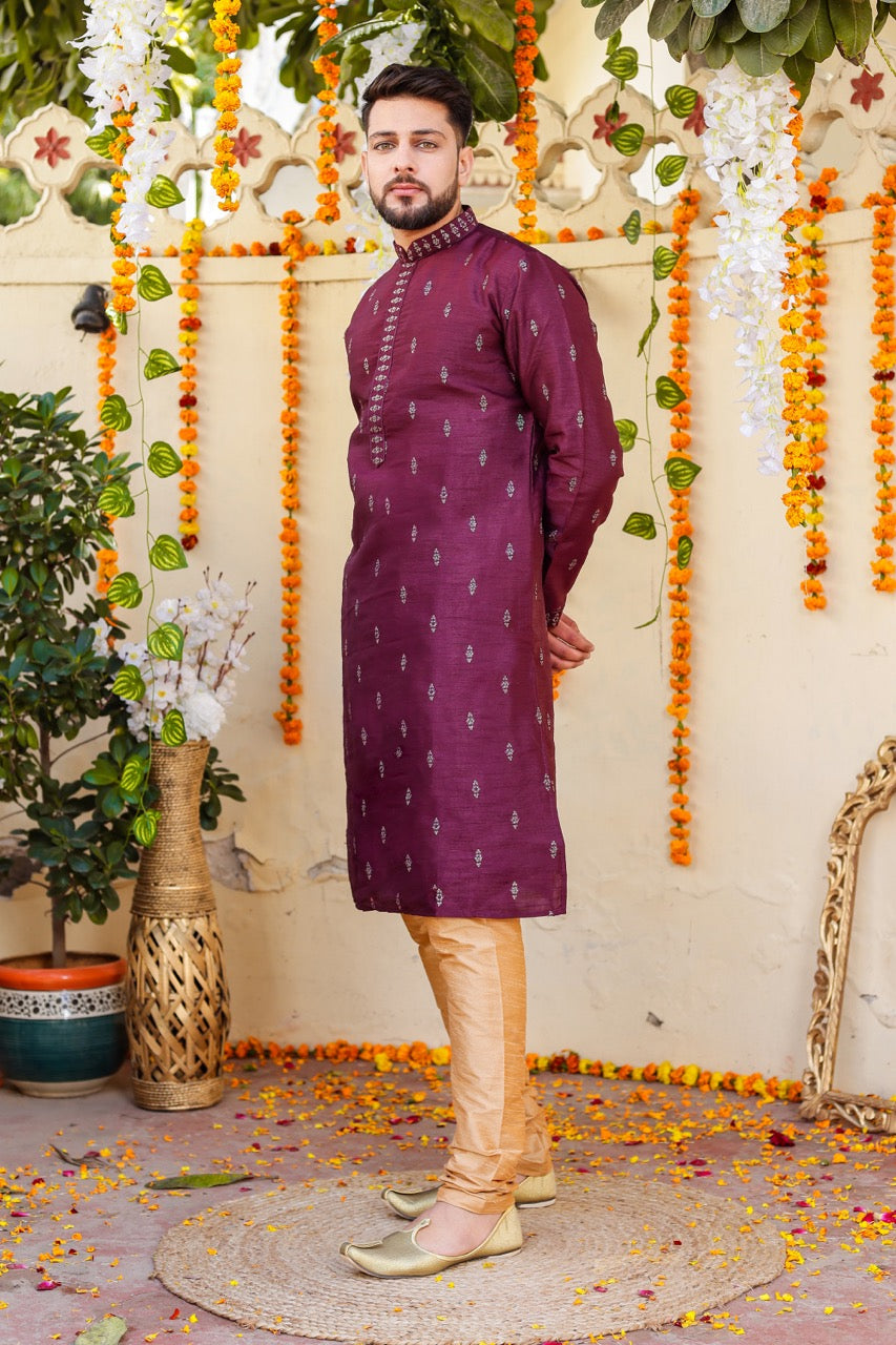 Purple Raw Silk Kurta Suit.