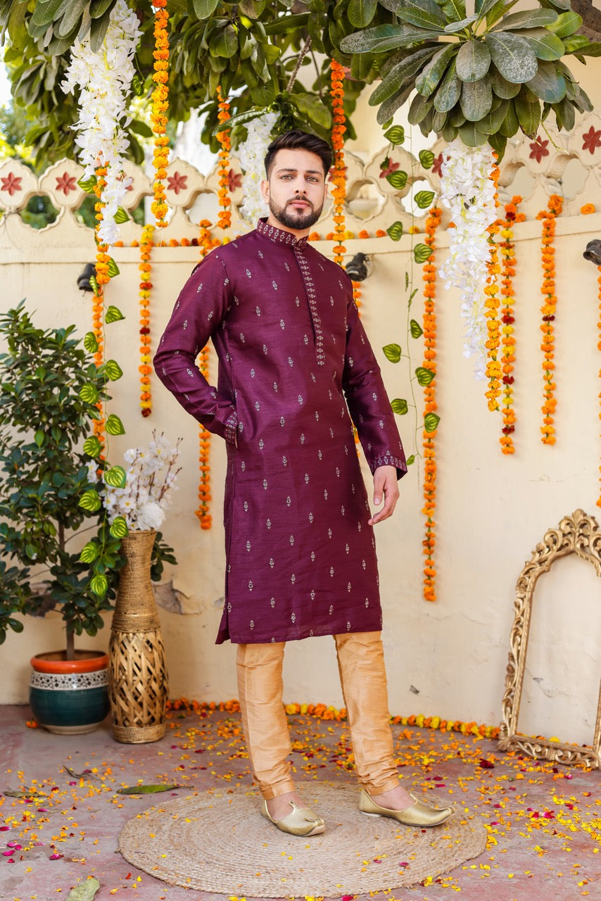 Purple Raw Silk Kurta Suit.