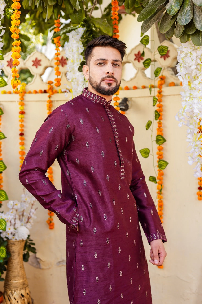 Purple Raw Silk Kurta Suit.