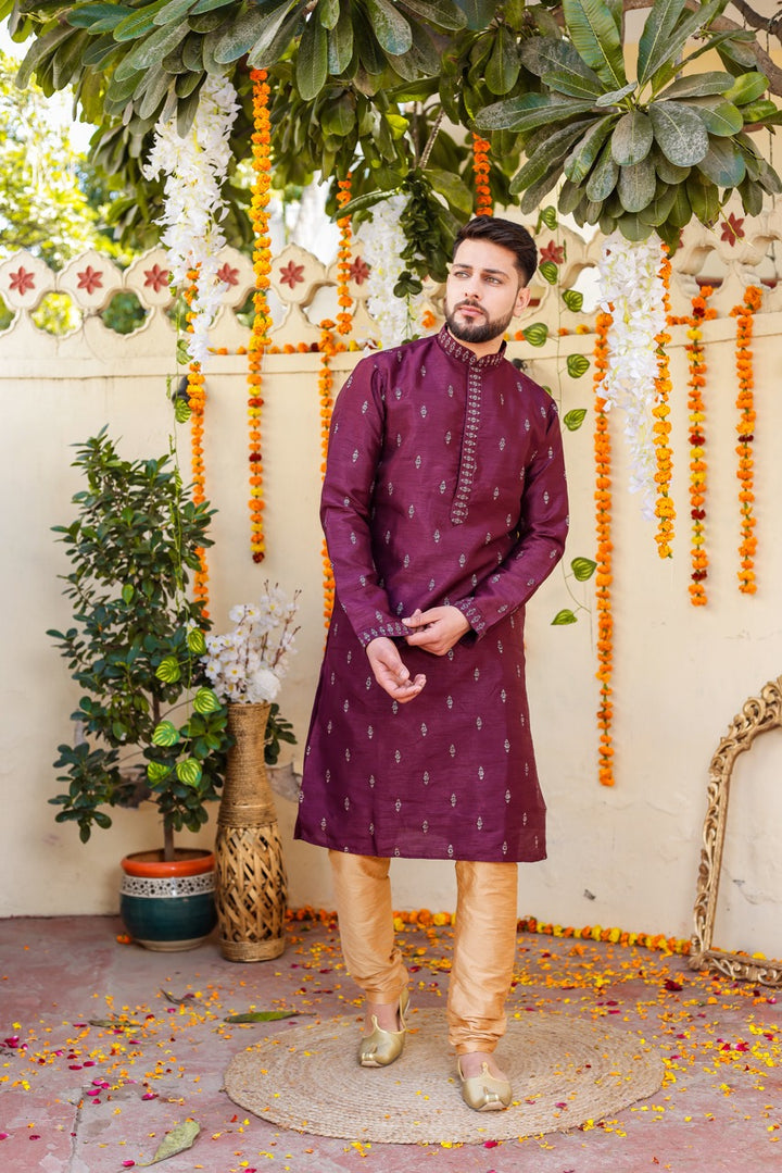 Purple Raw Silk Kurta Suit.