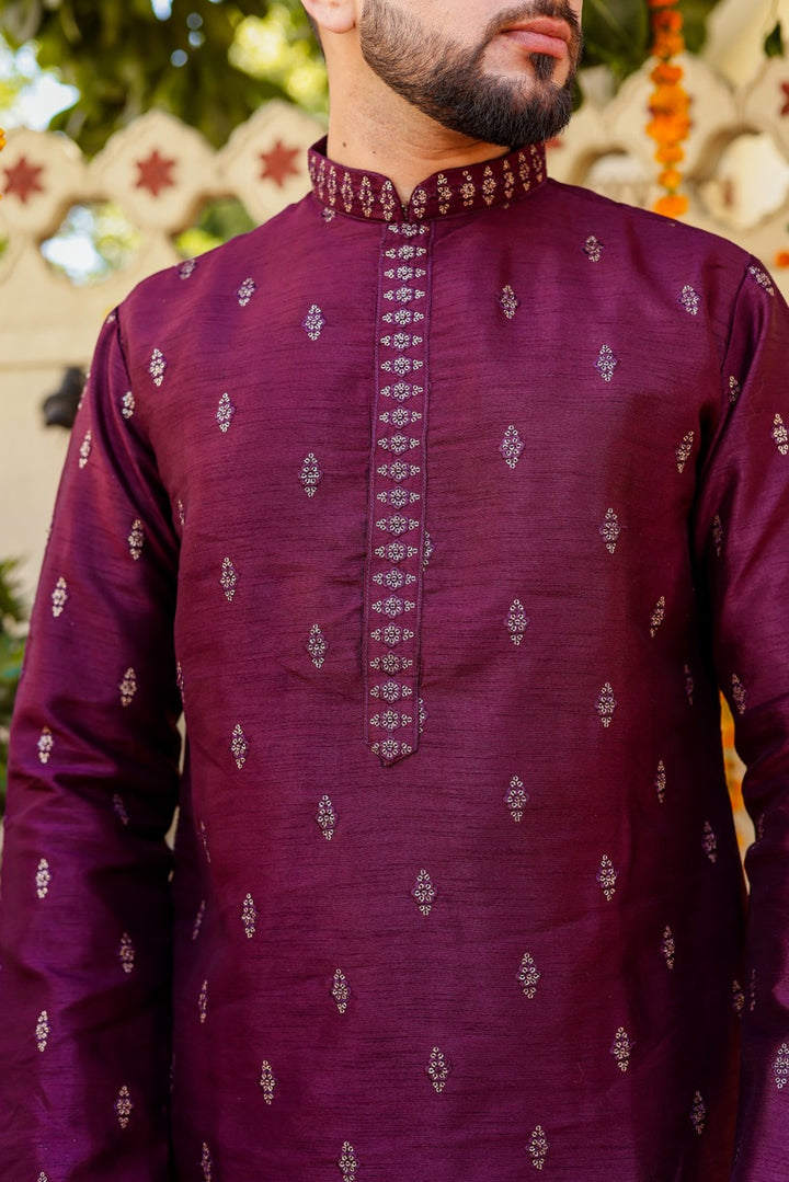 Purple Raw Silk Kurta Suit.