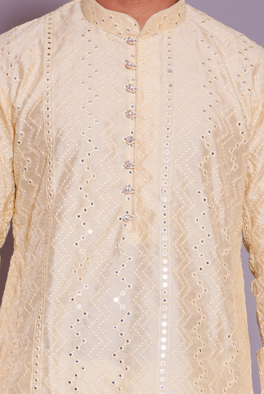 Cream Raw Silk Kurta Suit with mirror and thread work