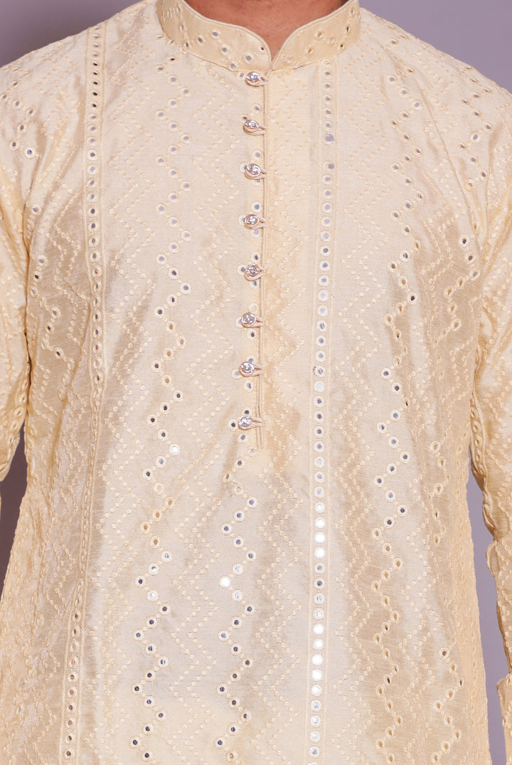 Cream Raw Silk Kurta Suit with mirror and thread work