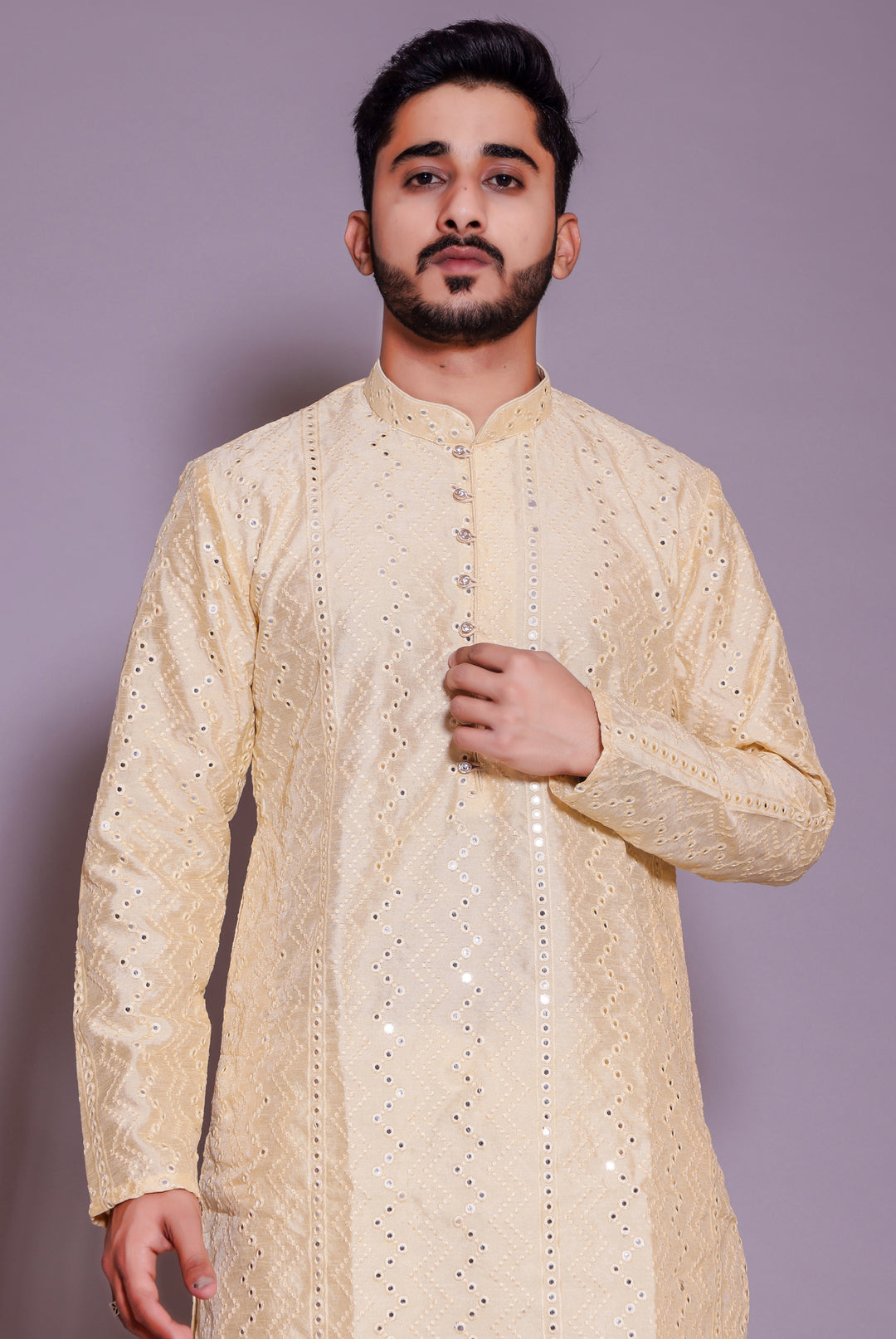 Cream Raw Silk Kurta Suit with mirror and thread work