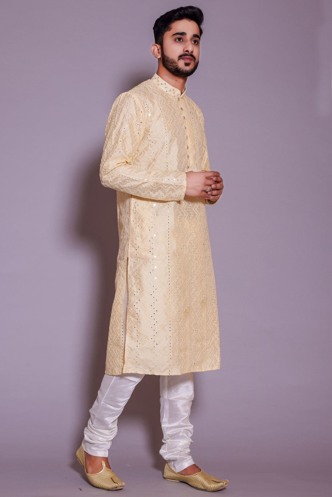 Cream Raw Silk Kurta Suit with mirror and thread work