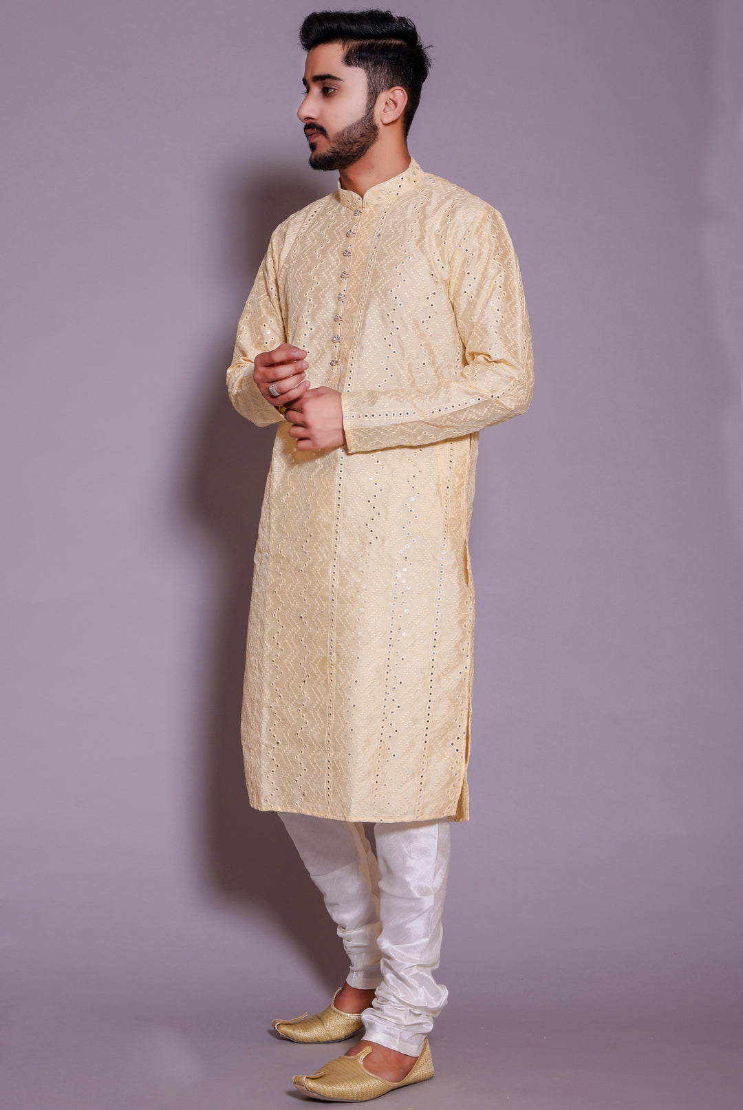 Cream Raw Silk Kurta Suit with mirror and thread work