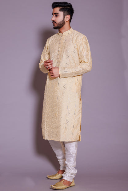 Cream Raw Silk Kurta Suit with mirror and thread work