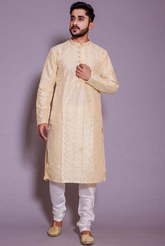 Cream Raw Silk Kurta Suit with mirror and thread work