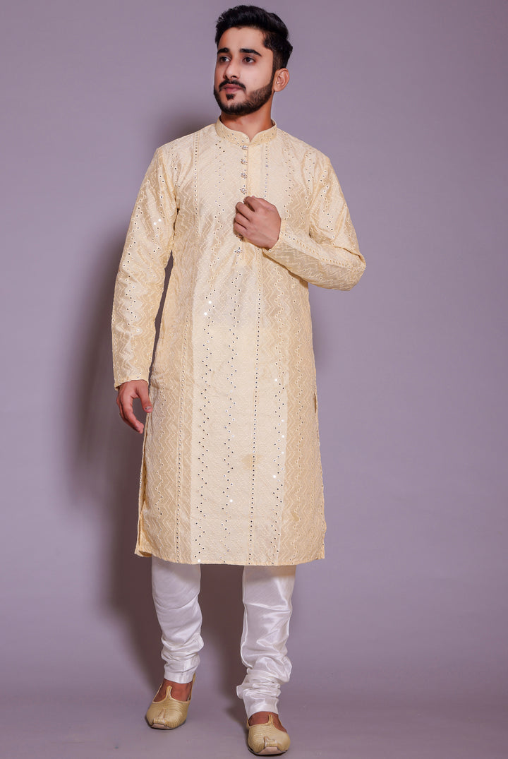 Cream Raw Silk Kurta Suit with mirror and thread work