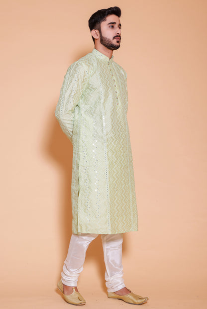 Mint Green Raw Silk Kurta Suit with mirror and thread work