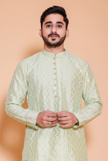 Mint Green Raw Silk Kurta Suit with mirror and thread work