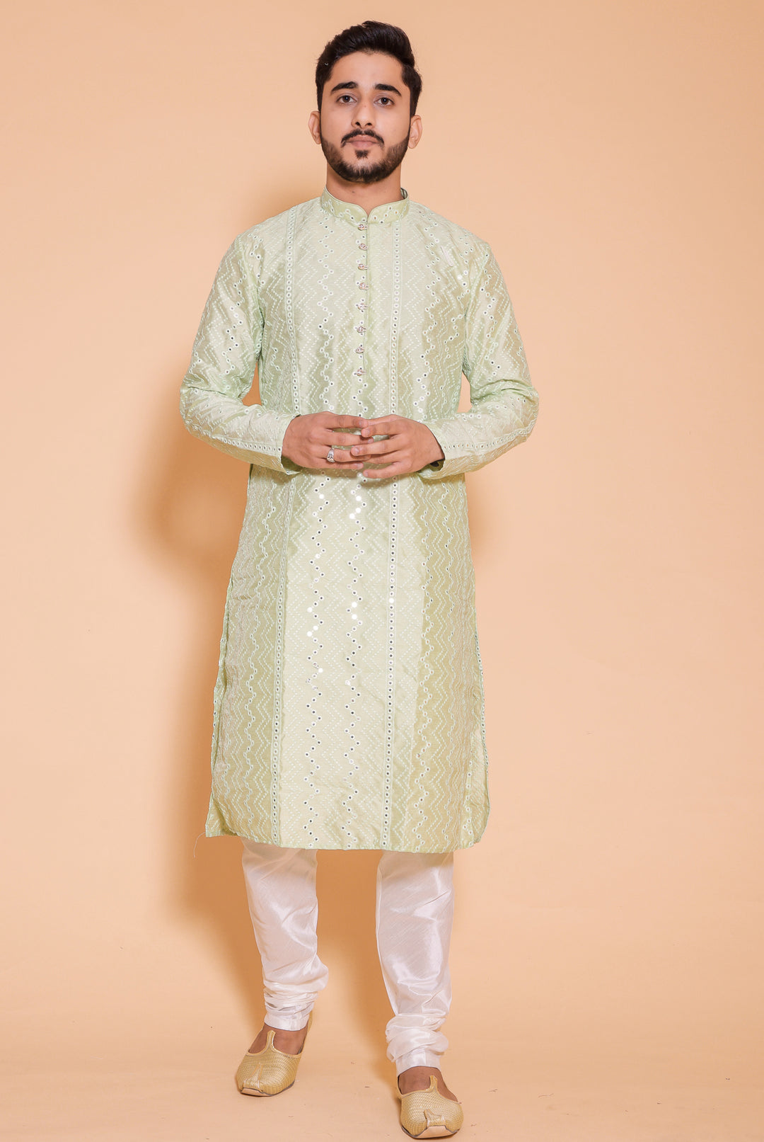 Mint Green Raw Silk Kurta Suit with mirror and thread work