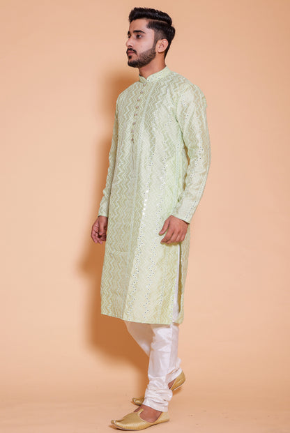 Mint Green Raw Silk Kurta Suit with mirror and thread work