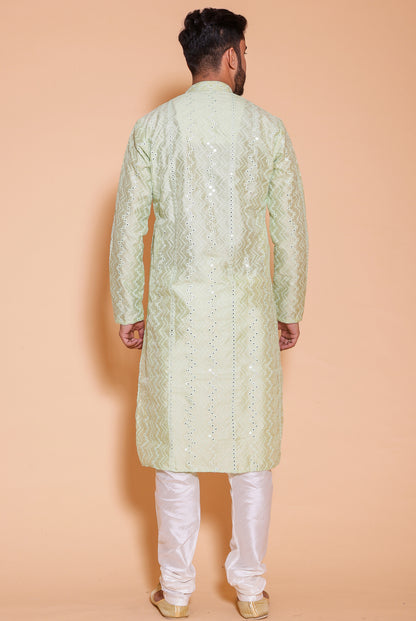 Mint Green Raw Silk Kurta Suit with mirror and thread work