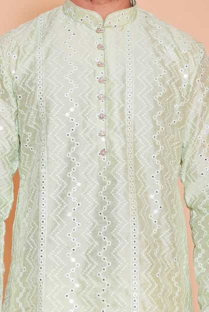 Mint Green Raw Silk Kurta Suit with mirror and thread work