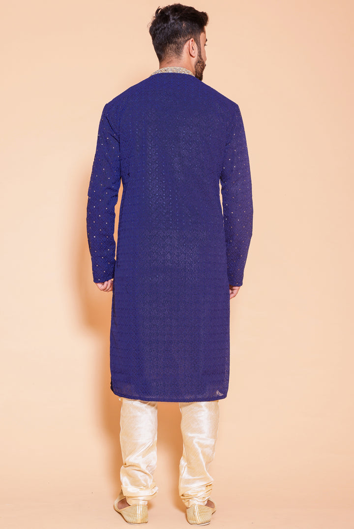 Luckhnowi kurta suit with resham/thread work all over- Navy Blue