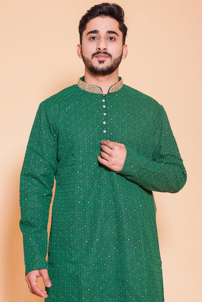 Luckhnowi kurta suit with resham/thread work all over- Bottle Green