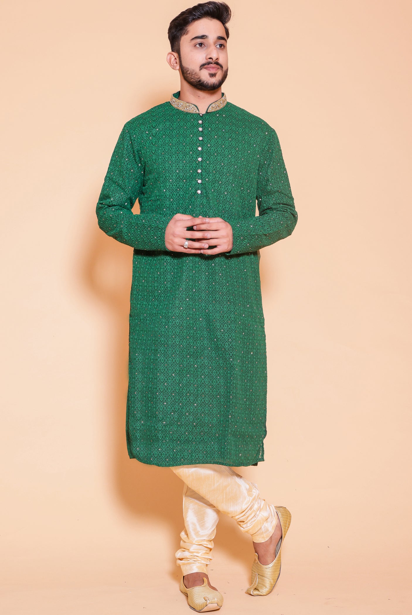 Luckhnowi kurta suit with resham/thread work all over- Bottle Green