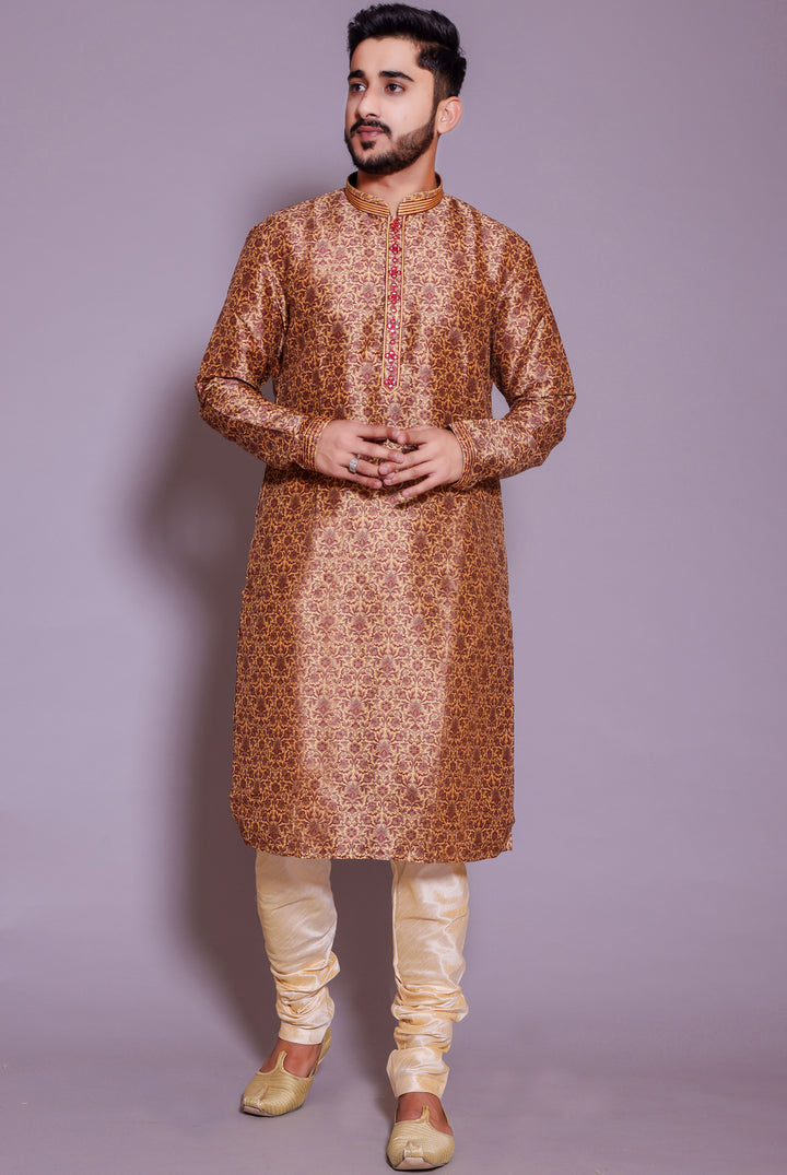 Reddish Mustard Floral print soft silk kurta suit