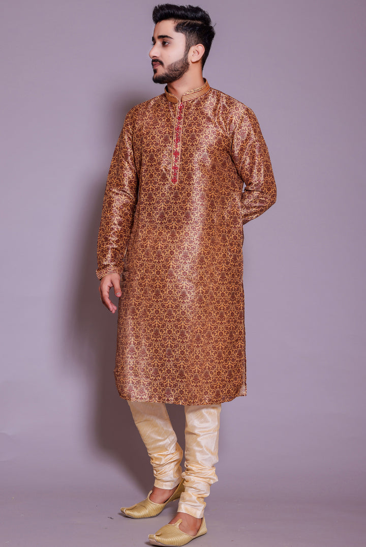 Reddish Mustard Floral print soft silk kurta suit
