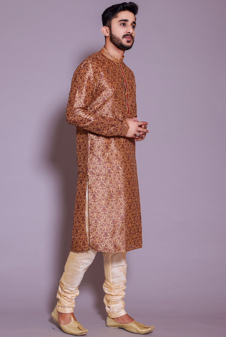 Reddish Mustard Floral print soft silk kurta suit