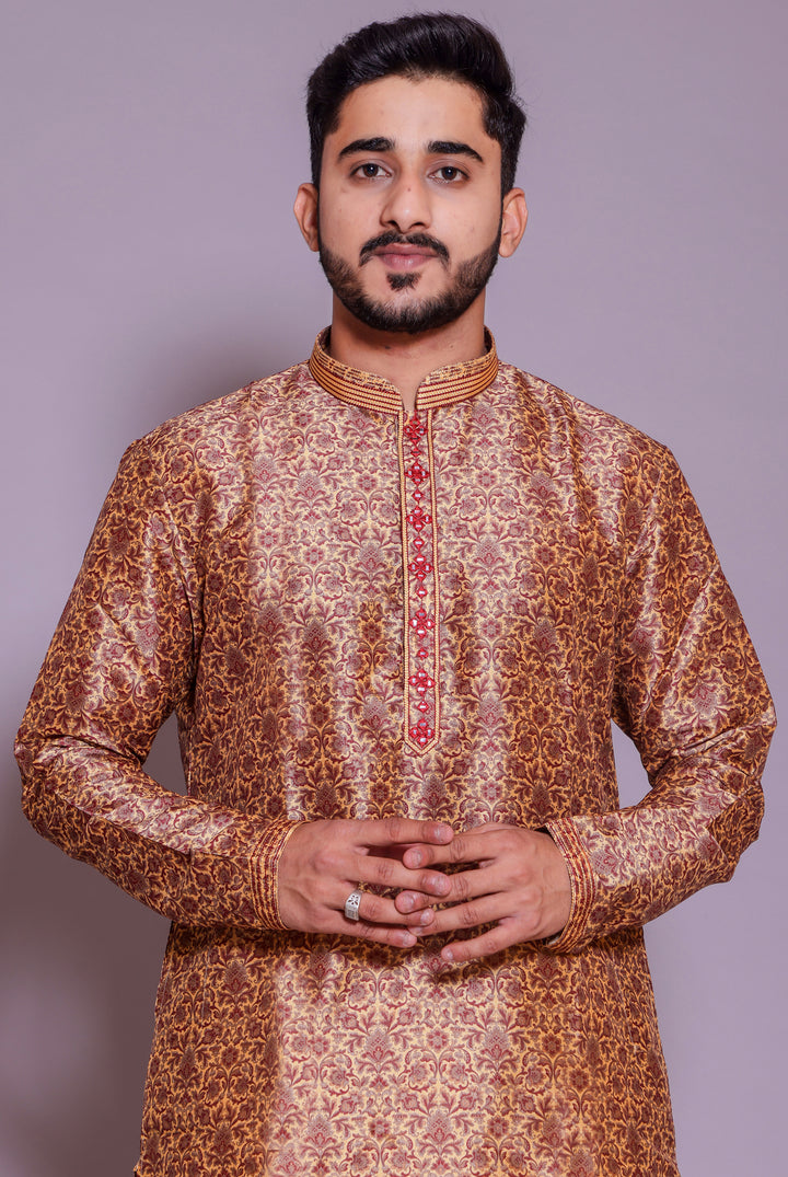 Reddish Mustard Floral print soft silk kurta suit