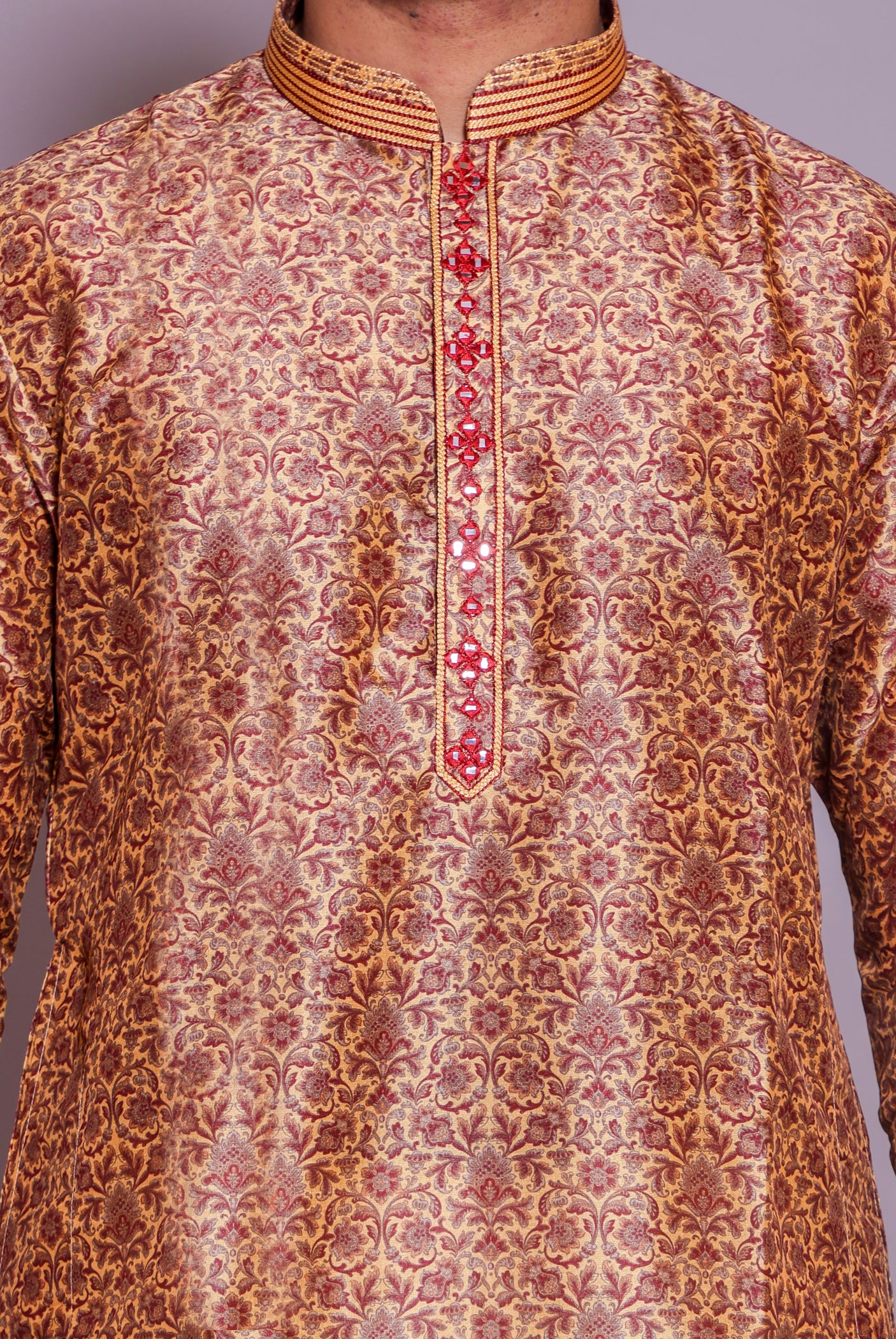 Reddish Mustard Floral print soft silk kurta suit