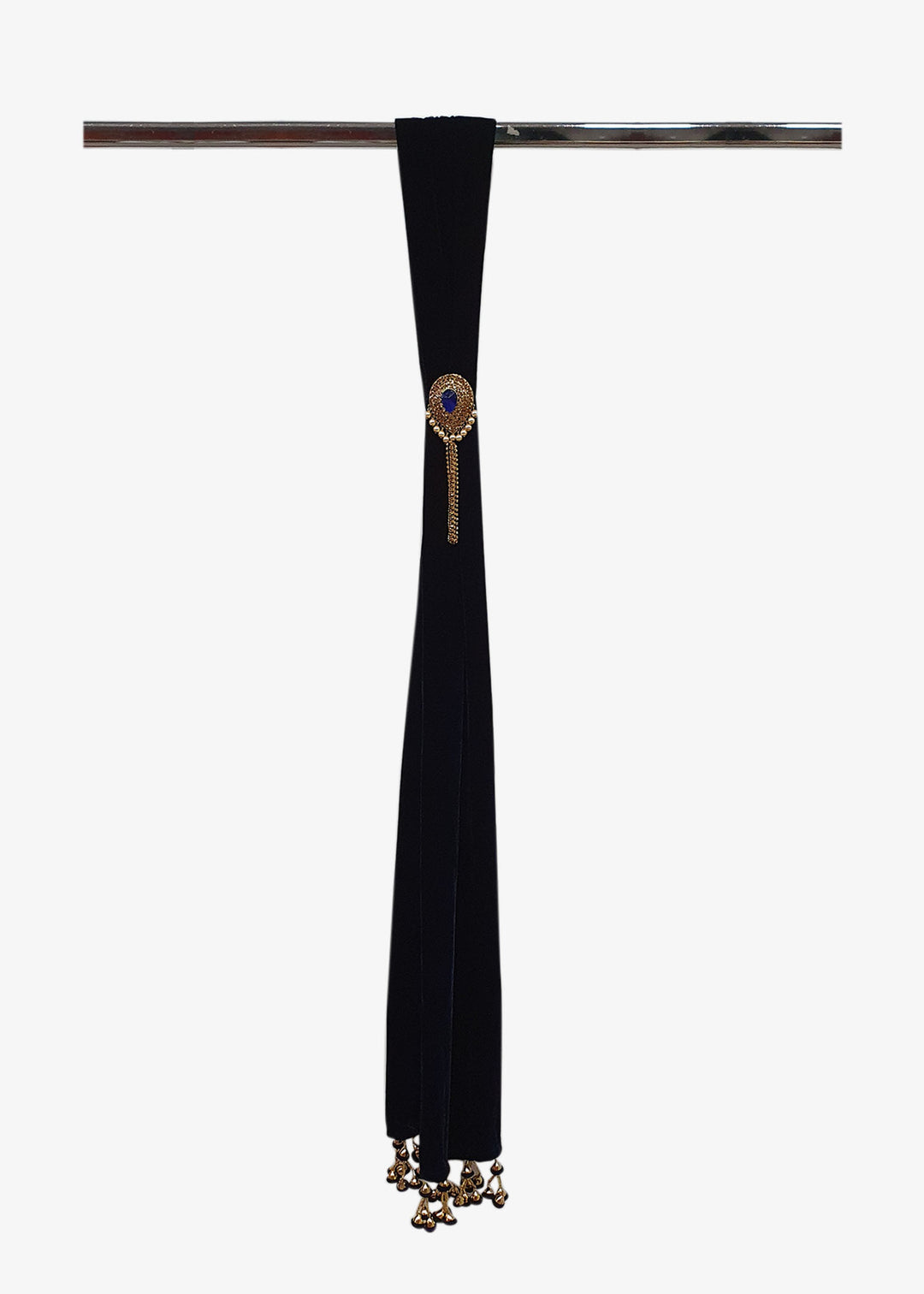 Navy Blue Mens Velvet Scarf With Two Round Gold-Blue Brooch