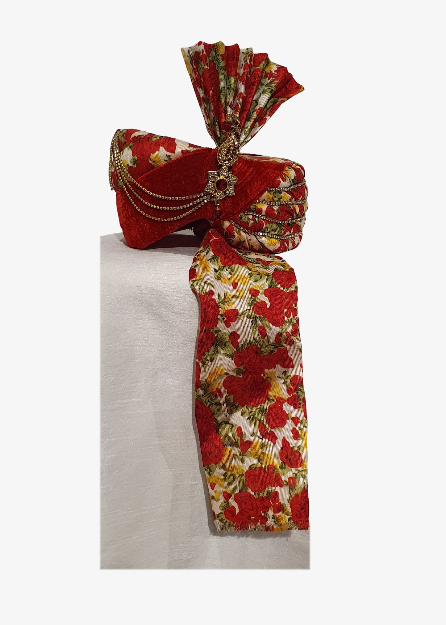 Floral Print Silk Mens Safa with Red Velvet