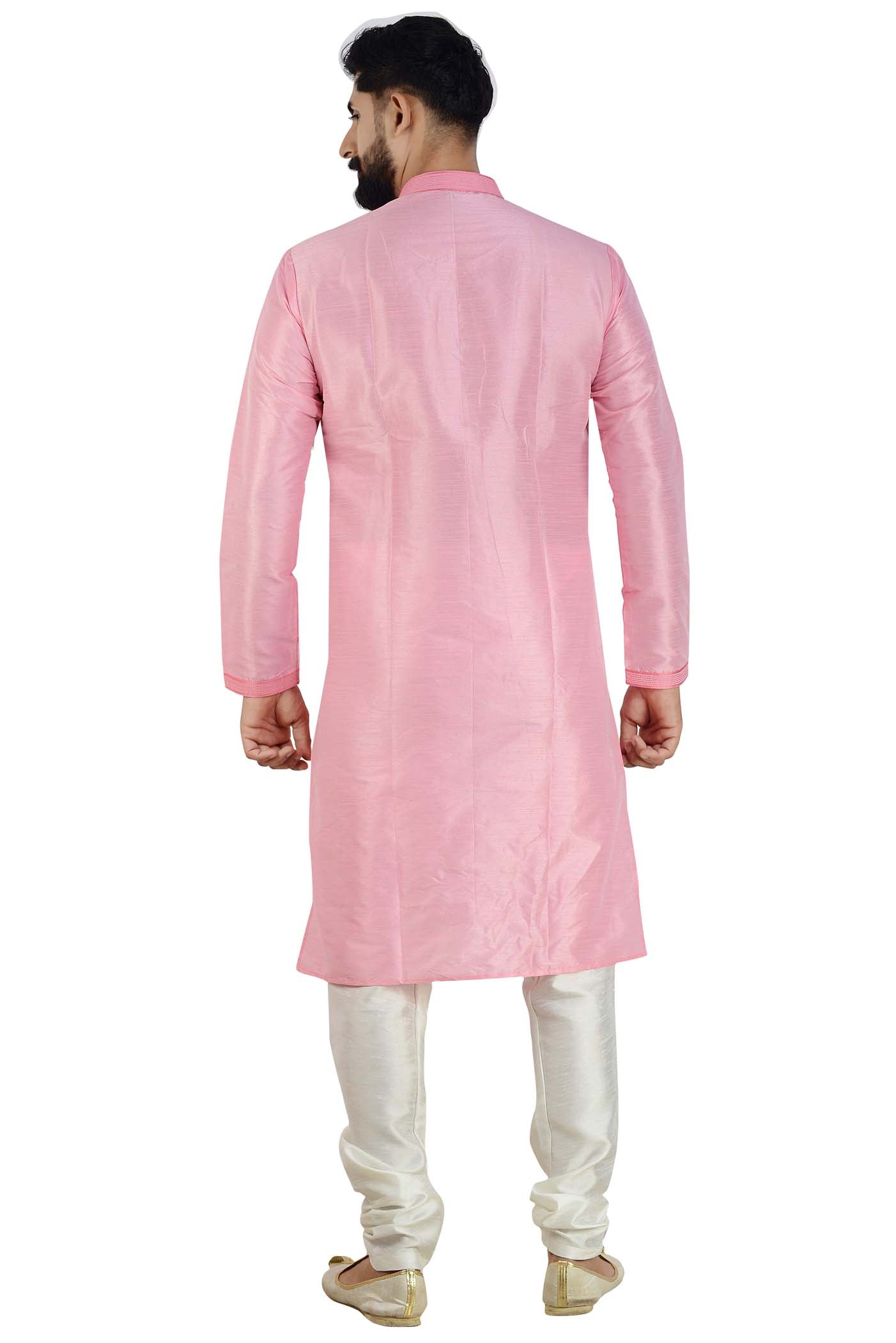Thread Embroidered Dupion Silk Kurta Suit - Light Pink
