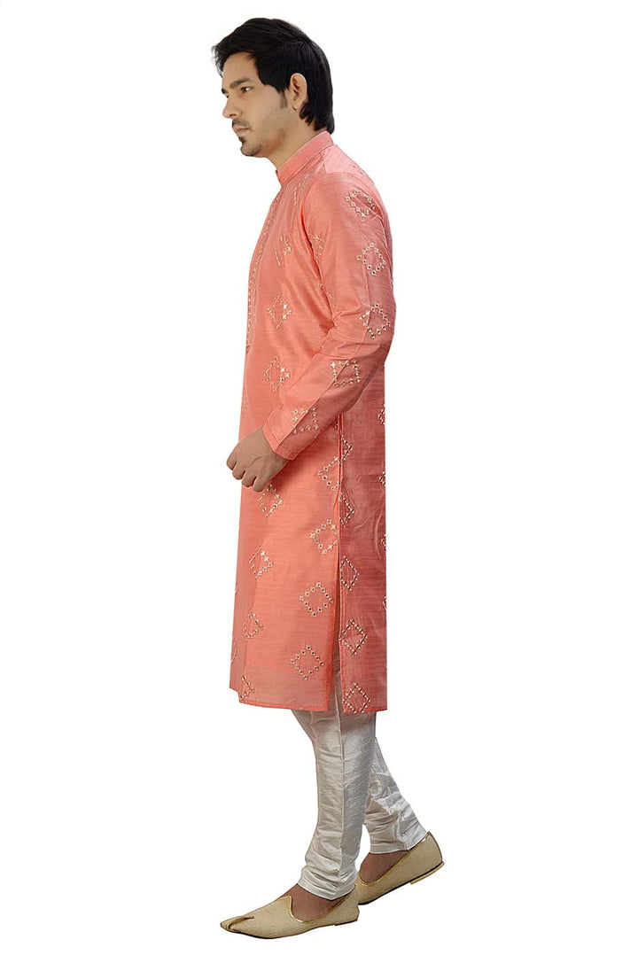 Peach Soft Silk Kurta Suit With Mirror Work All Over