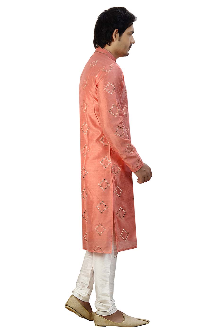 Peach Soft Silk Kurta Suit With Mirror Work All Over