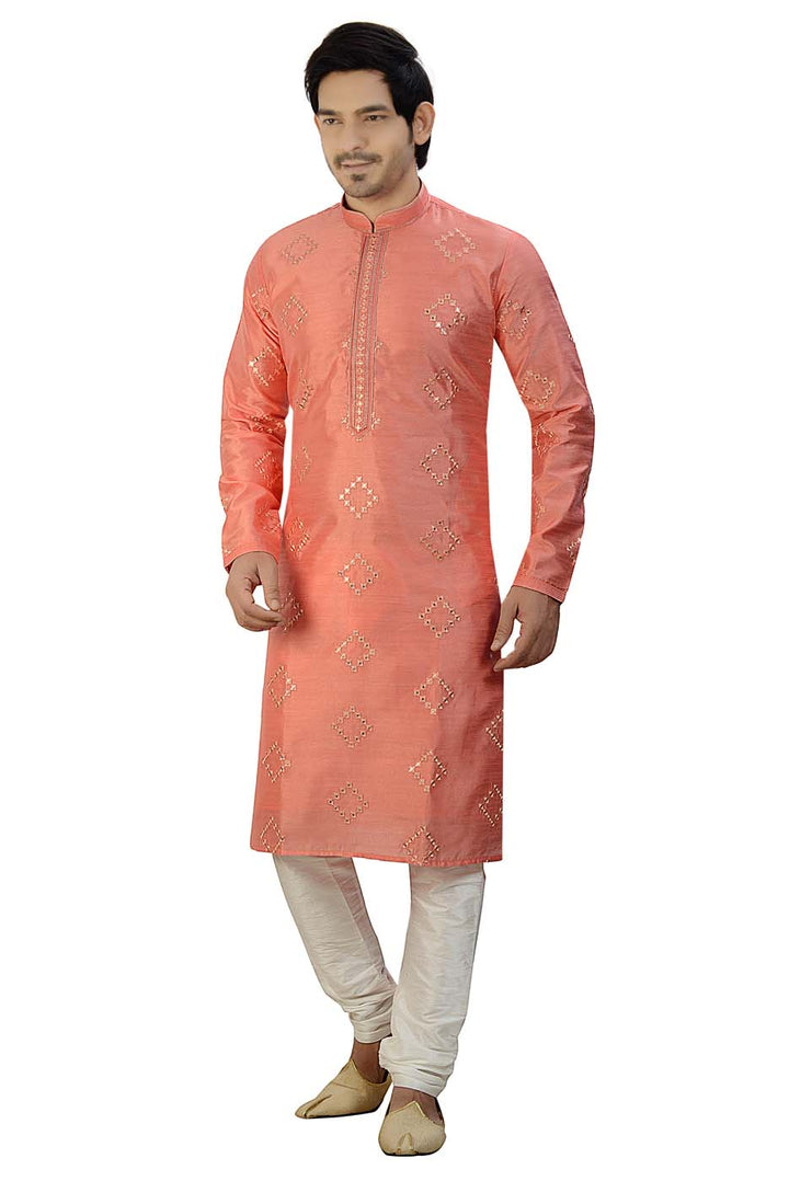 Peach Soft Silk Kurta Suit With Mirror Work All Over