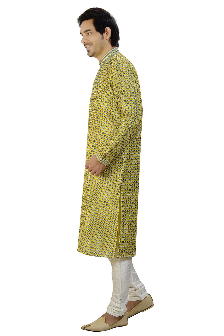 Digital Print Silk Kurta Suit With Resham Thread Work On Neck Line - Mustard