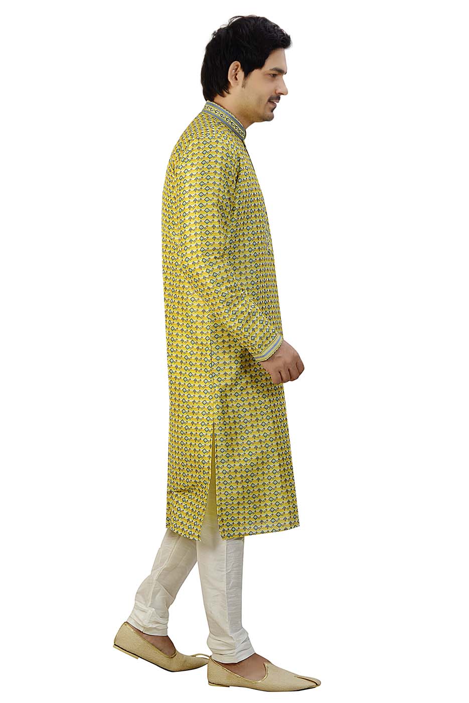 Digital Print Silk Kurta Suit With Resham Thread Work On Neck Line - Mustard