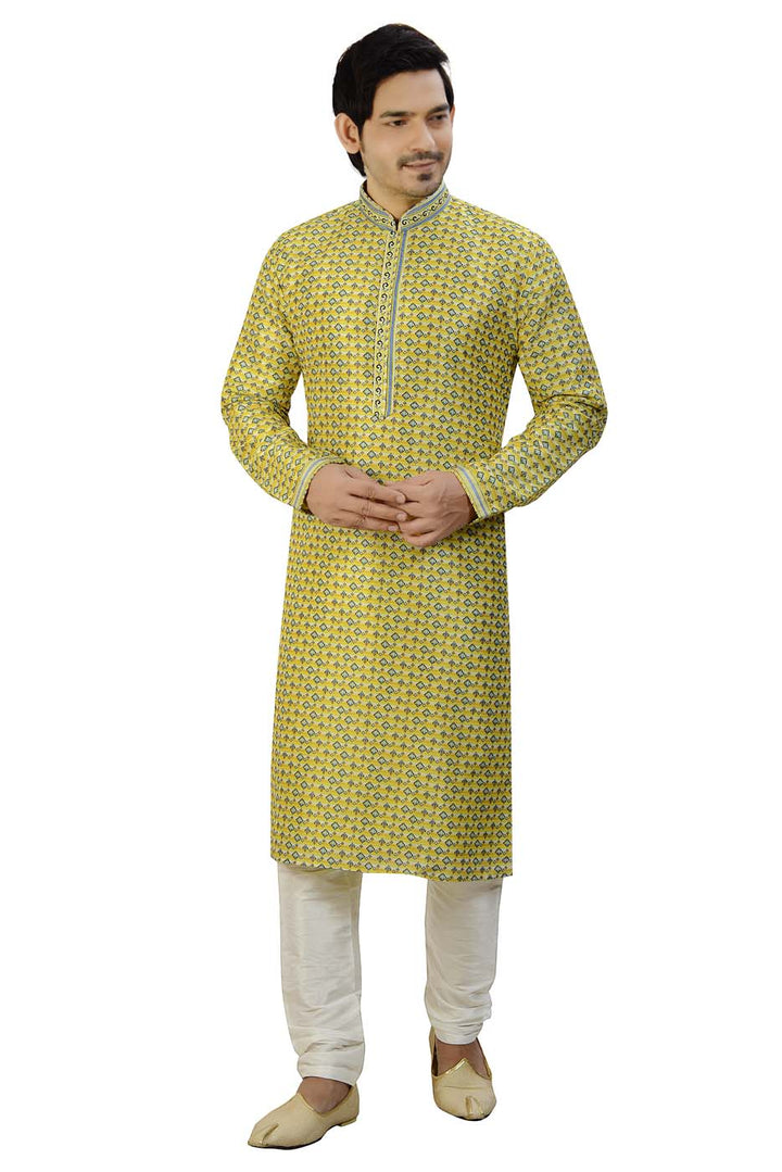 Yellow Digital Print Silk Kurta Suit.