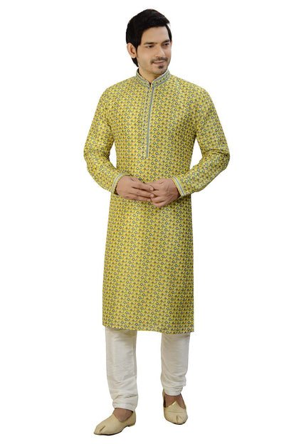 Digital Print Silk Kurta Suit With Resham Thread Work On Neck Line - Mustard