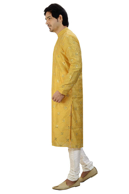 Soft Silk Kurta Suit With Mirror Work All Over- Yellow