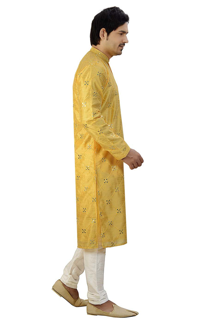 Soft Silk Kurta Suit With Mirror Work All Over- Yellow