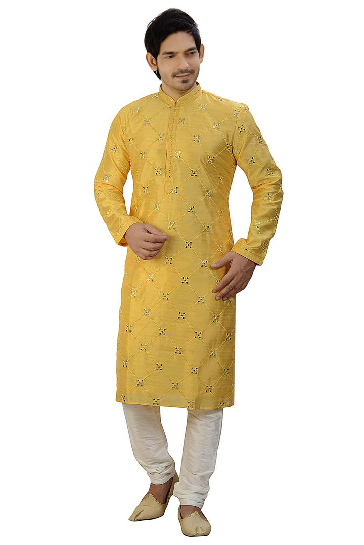 Soft Silk Kurta Suit With Mirror Work All Over- Yellow