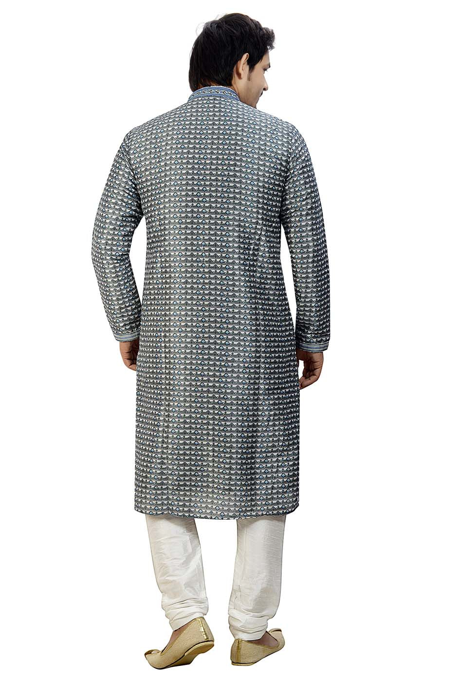 Digital Print Silk Kurta Suit With Resham Thread Work On Neck Line - Navy Blue